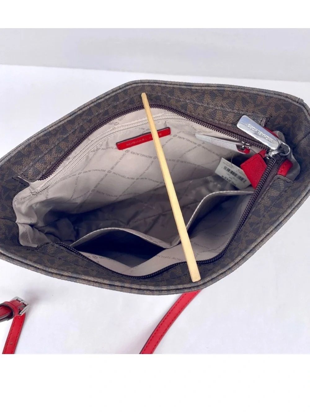 Michael Kors Brown Monogram Crossbody with Red Strap